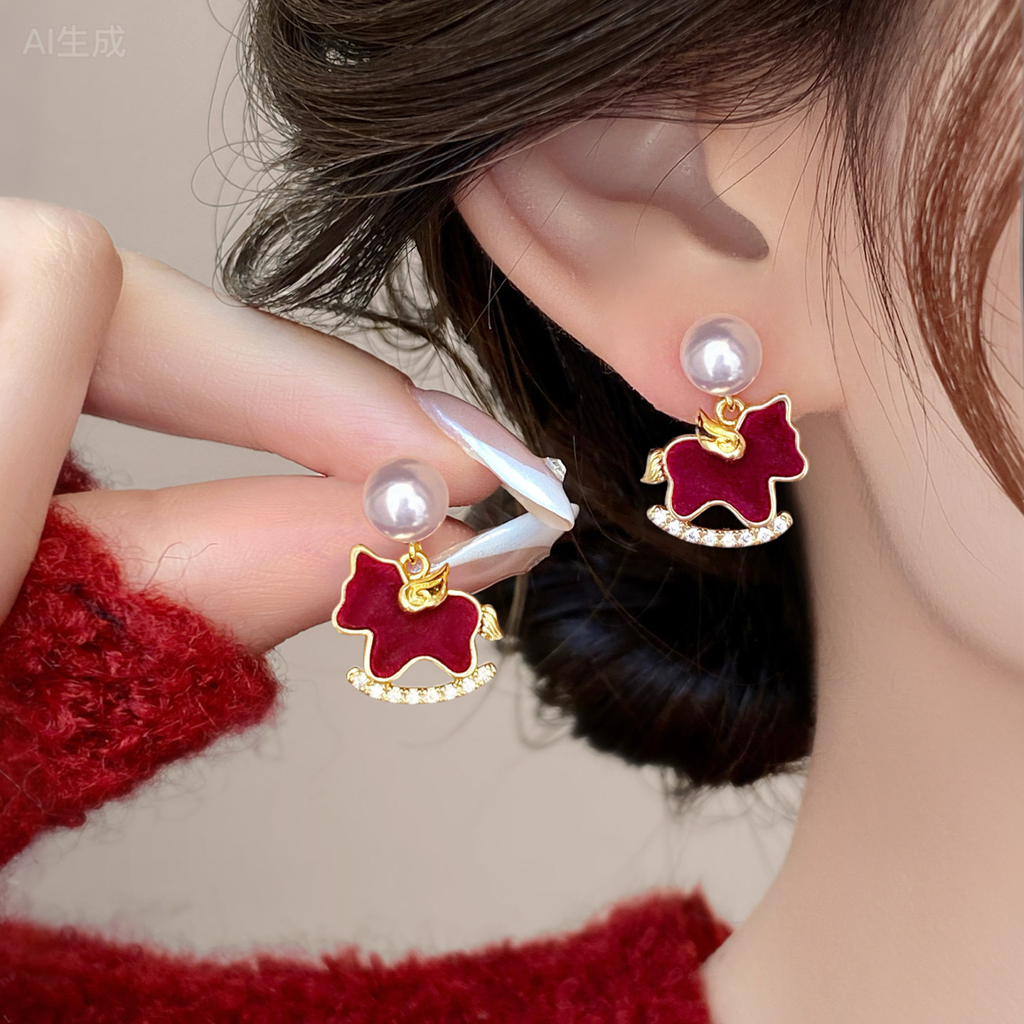 新款红色植绒小马木马珍珠耳环女