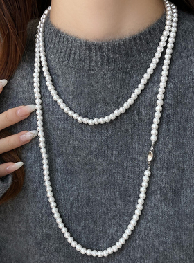 秋冬珍珠元宝扣长款毛衣链女