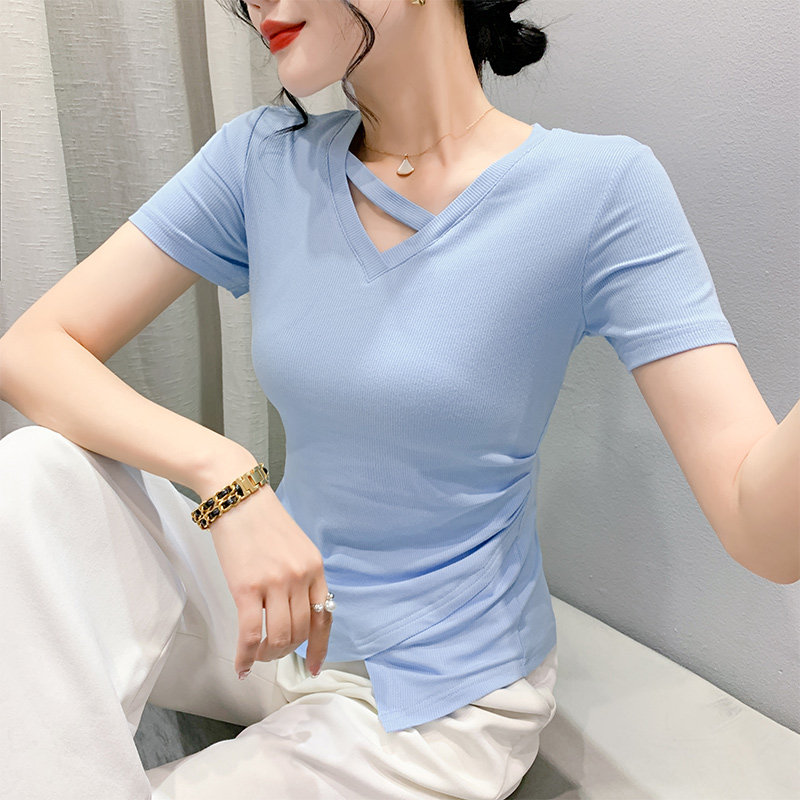 夏季新款纯色不规则开叉上衣性感镂空减龄显瘦t恤女短袖洋气小衫