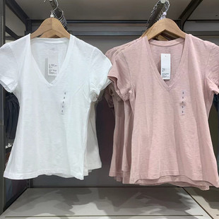 V領(lǐng)短袖 試衣間女裝 2023年夏季 簡約百搭竹節(jié)紗T恤修身 t恤女Y456005