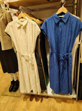 小蓉女装2024夏款棉麻混纺衬衫式短袖连衣裙系带抽褶长裙女470805