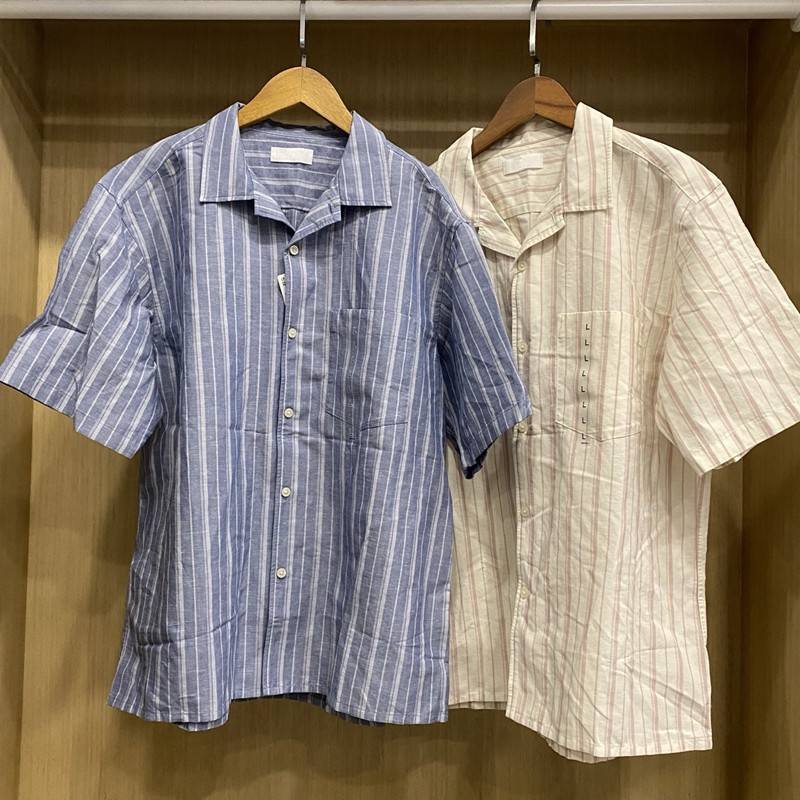 日单男装女装棉麻条纹衬衫短袖衬衣开衫休闲上衣25春夏新款477902