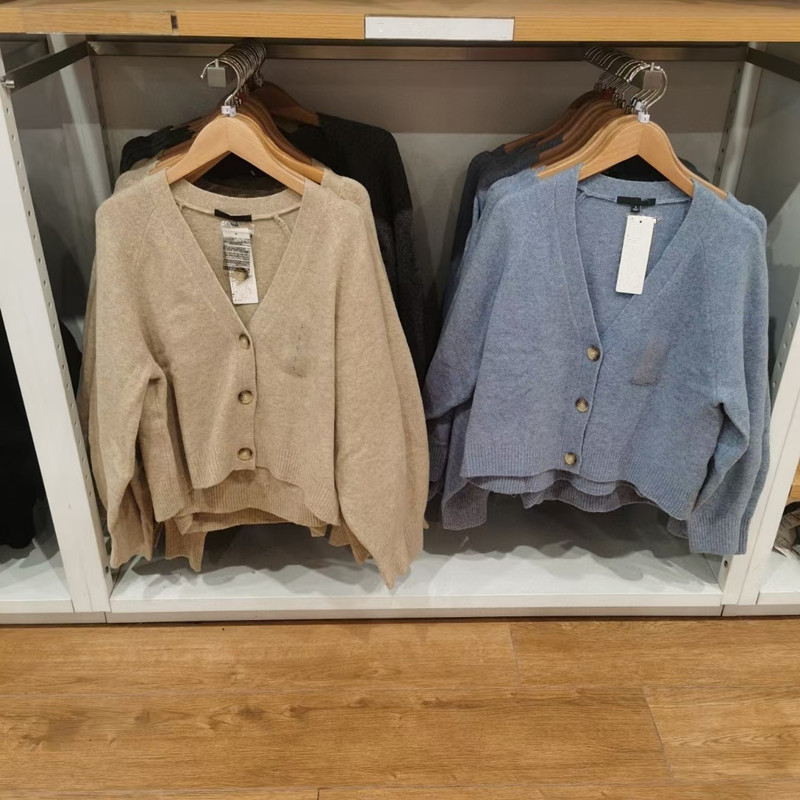 V领开衫纽扣长袖针织毛衣