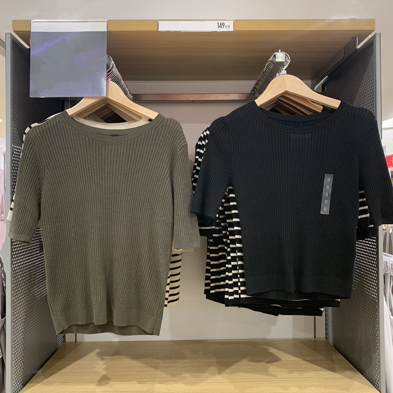 奴罗纹圆领针织衫毛衣5分袖上衣