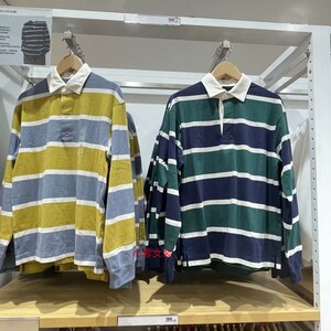 日单男女休闲POLO衫长袖宽松条纹T恤学院风翻领上衣462024/462057