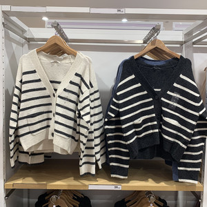 日单女装秋冬季舒芙蕾V领条纹针织短开衫/长袖空调衫薄外套471595