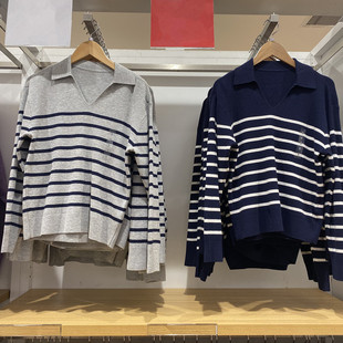 日系女装新款可机洗罗纹半开领针织衫/条纹套头毛衣482253/483919