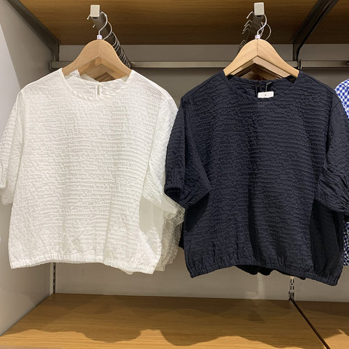泡泡纱宽松衬衫圆领短袖衬衣
