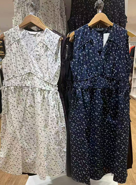 日单女装2025秋冬棉质印花打褶连衣裙/收腰无袖裙子480629/480630