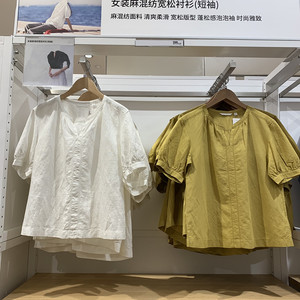 小蓉女装2024春夏新款麻混纺宽松衬衫短袖泡泡袖甜美衬衣女466432