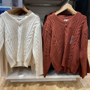 24秋冬新款 打底衫 纽花V领针织衫 套头毛衣毛衫 471745 长袖 日单女装