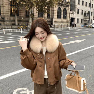 咔立茜复古通勤风狐狸毛领短款派克服女宽松鹅绒外套小个子