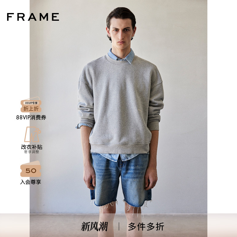 FRAME男士蓝色牛仔短裤宽松直筒毛边剪裁复古潮流