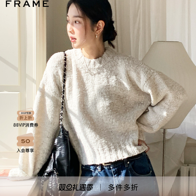 【博主同款】FRAME女士白色圆领套头针织毛衣上衣宽松简约