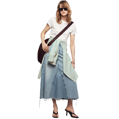 FRAME女士高腰水洗牛仔半身裙长裙简约复古毛边