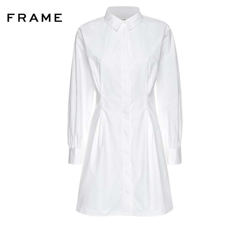 FRAME女士白色翻领衬衫裙连衣纽扣款收腰设计
