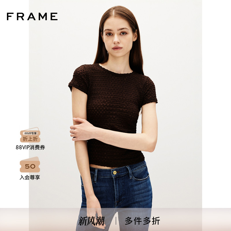 FRAME女士小圆领褶皱短袖T恤上衣经典日常通勤