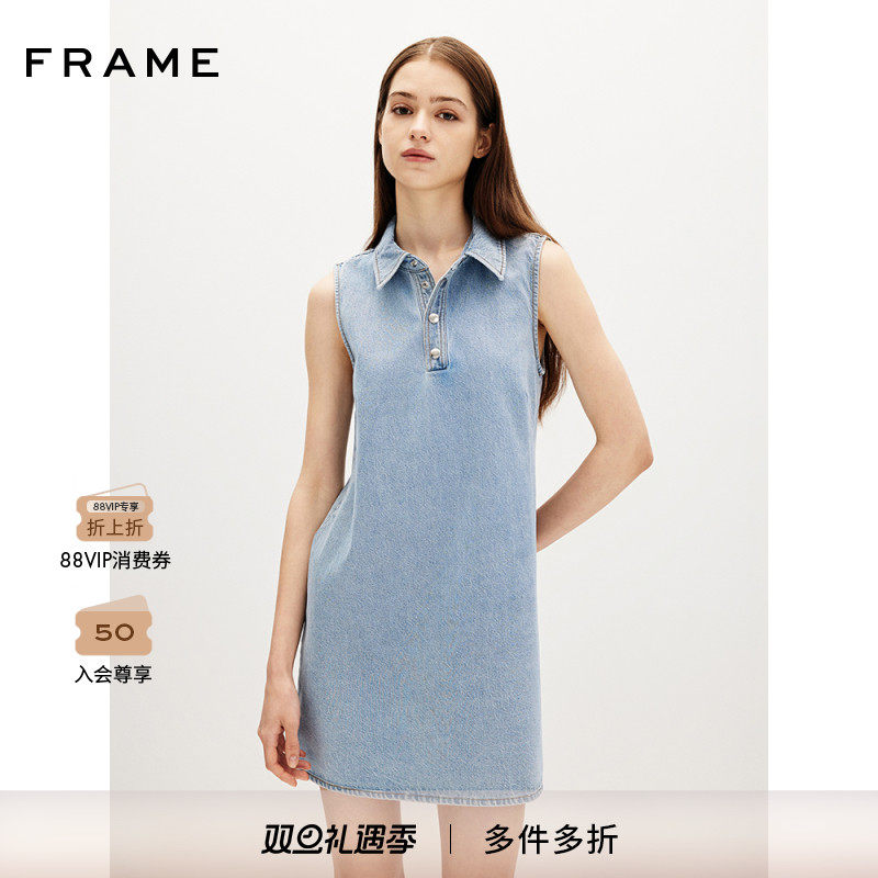 【2025新款】FRAME女士翻领无袖背心裙H型连衣裙短裙简约休闲