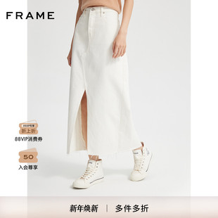 FRAME女士白色正面开叉牛仔裙A字中长款