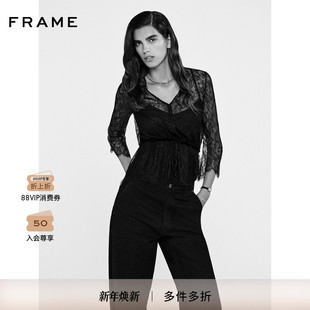 FRAME女士黑色V领蕾丝镂空衬衫 收腰上衣