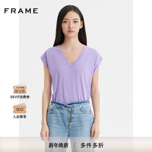 FRAME女士V领短袖 纯色T恤宽松休闲上衣
