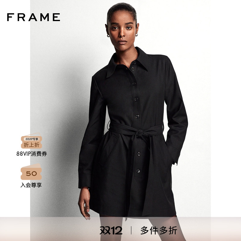 FRAME女士黑色中长连衣衬衫裙翻领收腰基础通勤