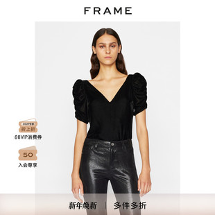女装 FRAME黑色V领丝绒上衣泡泡袖 春秋款