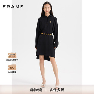 FRAME女士新年款 连帽卫衣 刺绣Logo黑色长款