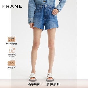 FRAME女士A字型蓝色牛仔短裤 毛边裁剪设计硬挺版