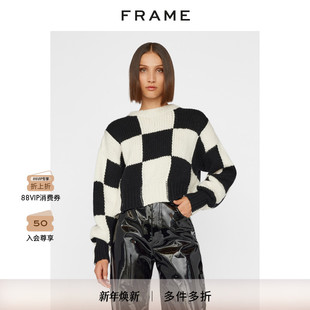 女装 FRAME圆领宽松毛衣棋盘格黑白羊毛衫 春秋款