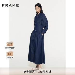 FRAME女士长袖 复古 收腰纽扣牛仔连衣裙长裙美式