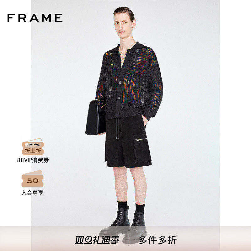FRAME男士黑色翻领针织镂空毛衫长袖开衫时尚都市
