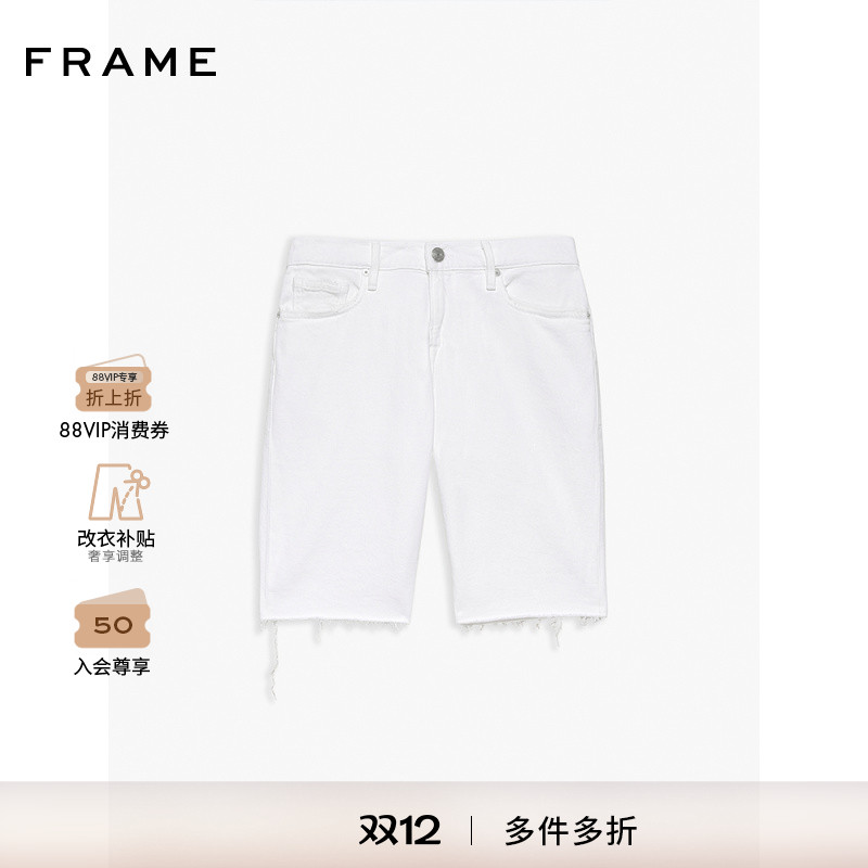 FRAME男士白色中腰直筒剪边牛仔裤短裤L'HOMME