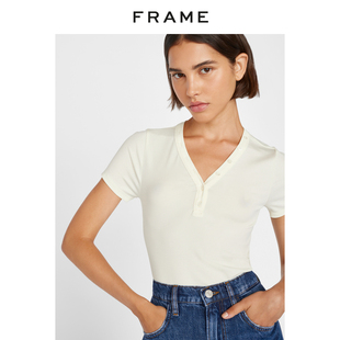 修身 FRAME白色短袖 款 V领纽扣上衣女式 内搭 春季