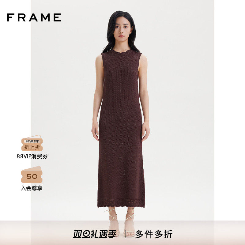 FRAME女士无袖圆领花边连衣裙巧克力棕针织长裙