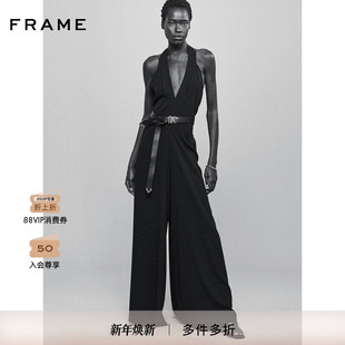 V领长裤 FRAME女士黑色挂脖无袖 绑带收腰连体裤