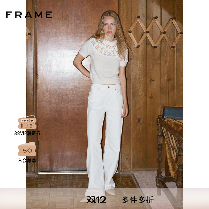 【2025秋冬新款】FRAME女士休闲蕾丝镂空圆领针织毛衣短袖上衣