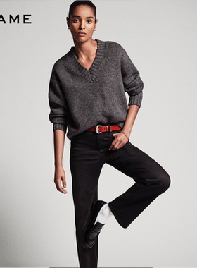 FRAME女士灰色V领宽松休闲毛衣oversize日常通勤