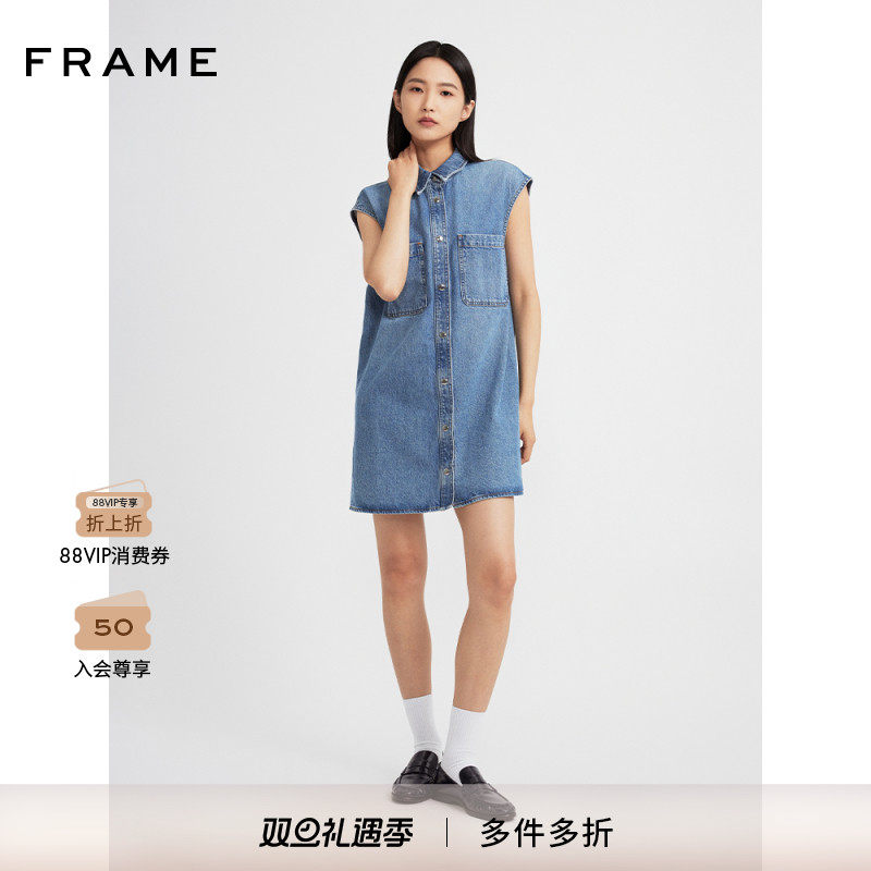 【2025新款】FRAME女士休闲翻领无袖牛仔衬衫裙短裙背心裙