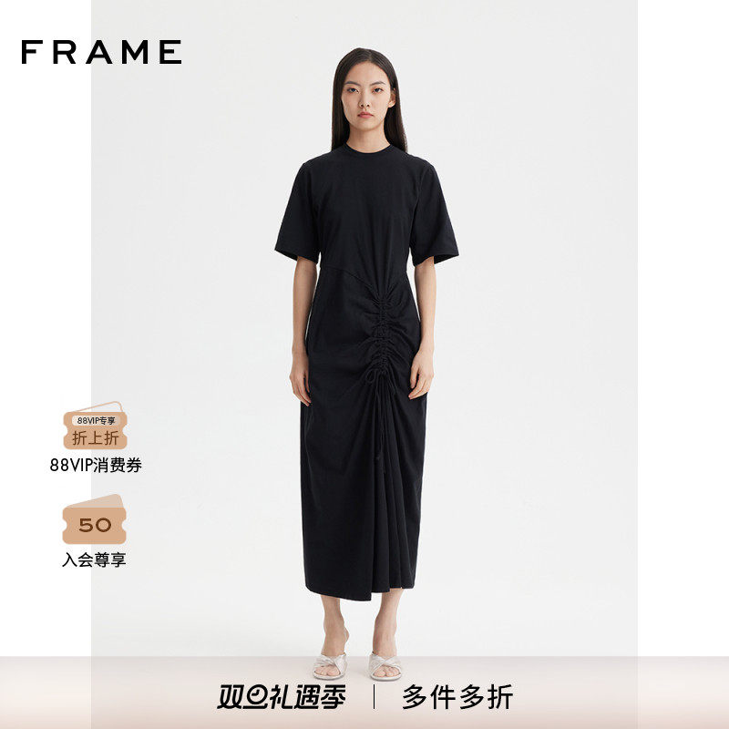 FRAME女士黑色短袖圆领连衣裙抽绳褶皱简约