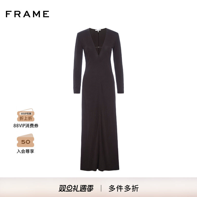 FRAME女士棕色深V领长袖连衣裙垂感法式