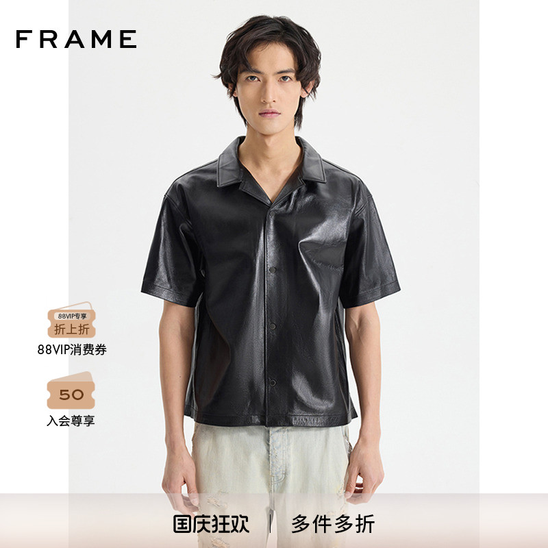 FRAME男士黑色短袖翻领皮衬衫机车时尚复古
