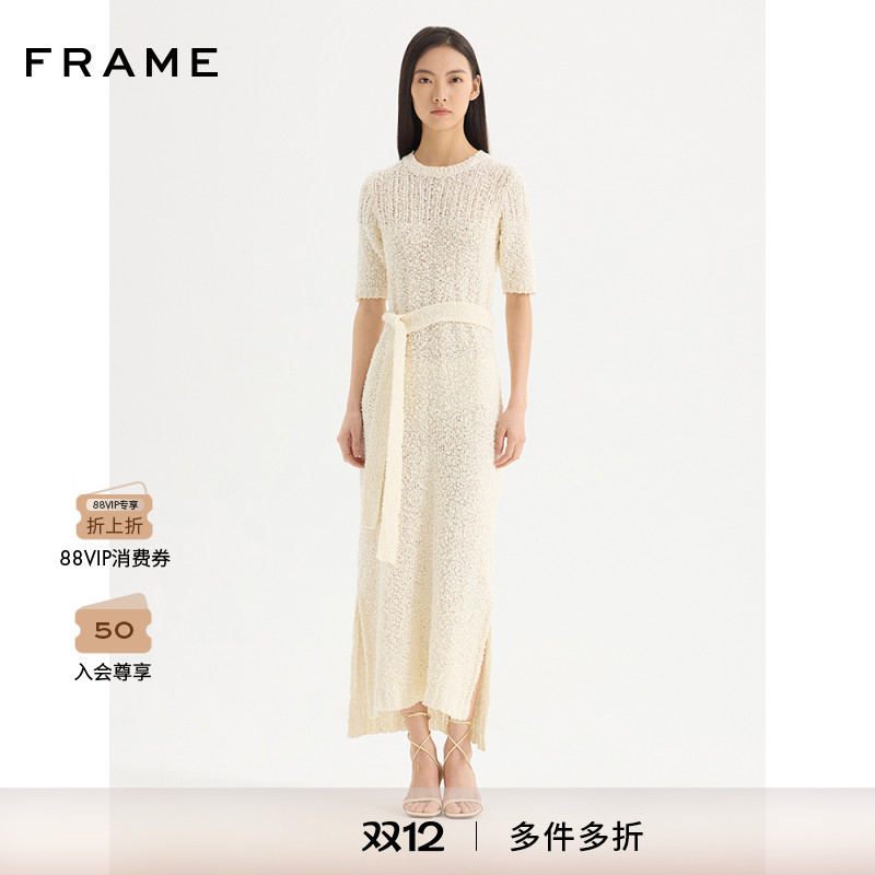 FRAME女士短袖圆领针织连衣裙绑带收腰慵懒度假
