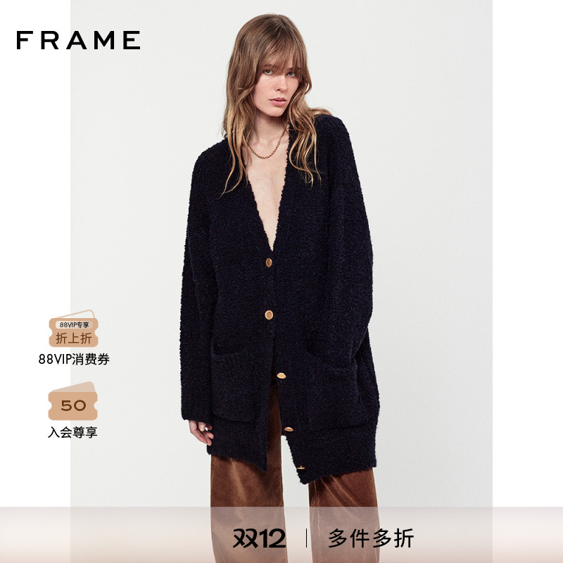 FRAME女士海军蓝针织开衫中长款毛衣外搭宽松