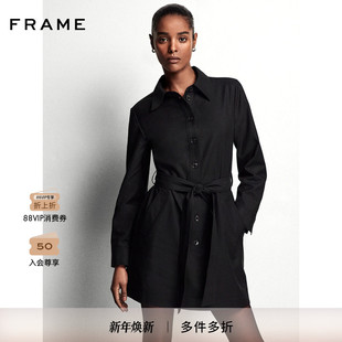 FRAME女士黑色中长连衣衬衫 裙翻领收腰基础通勤
