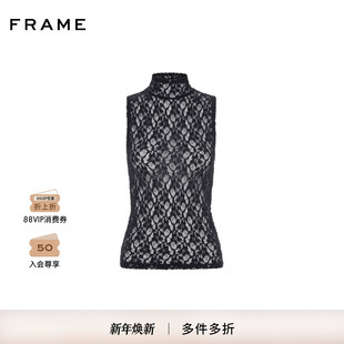 FRAME女士黑色镂空无袖 打底 半高领背心修身