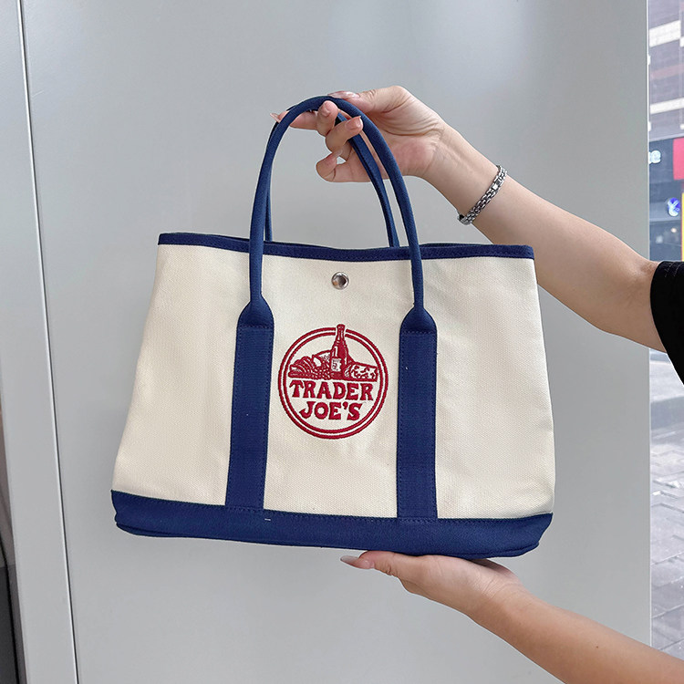 美国Trader Joe's缺德舅拼色LOGO大容量托特包帆布手提单肩包女包