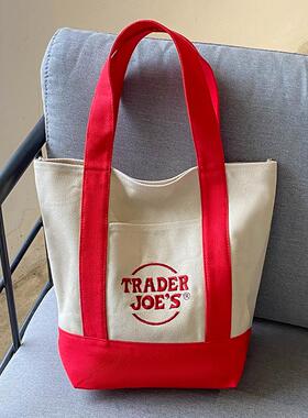 美国潮牌trader joes时尚潮流帆布购物袋手提单肩包拼色女包