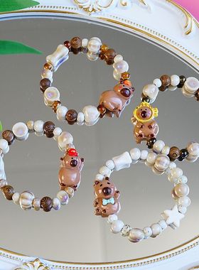 景德镇陶瓷手链可爱萌树脂小熊卡皮巴拉学生小动物儿童手串女