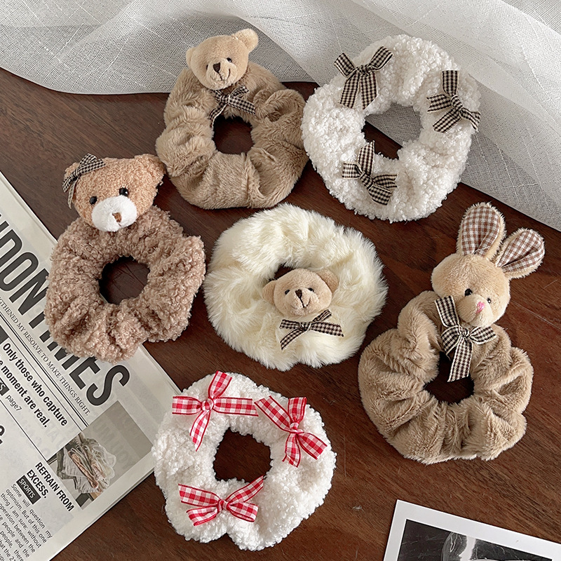 新款秋冬毛绒大肠发圈蝴蝶结卡通头绳可爱小熊泰迪绒皮筋发饰